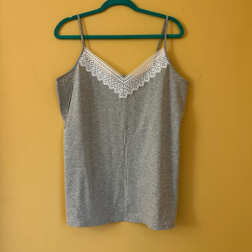 LOFT Gray Camisole with White Lace Trim